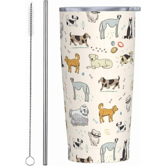 Cute Dogs Doodle Style 20oz Travel Tumbler With Lid And Straw, Stainless Steel Tumblers Insulated Coffee Cup Mug Gift For Men Women