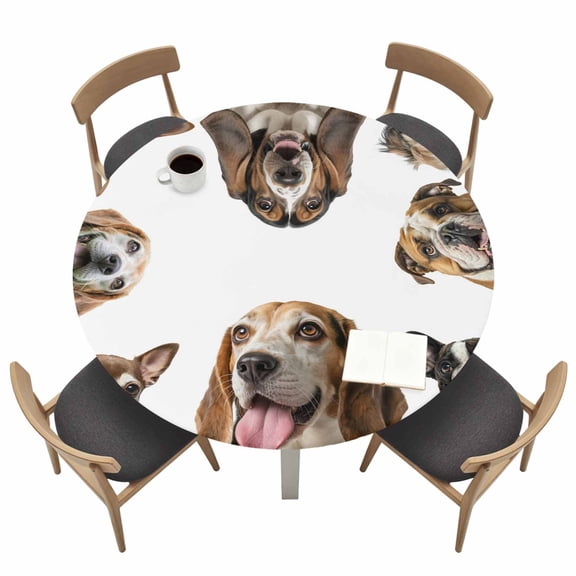 Cute Dogs Fitted Tablecloth with Elastic Edged, Round Table Cloth for Dining Table, Animals Gypsies Bulldog Cattledogs Modern Art Waterproof Oil Proof Table Cover for Indoor Outdoor 36"-44"