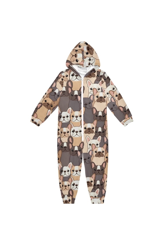 Cute Dogs Frenchie One Piece Pajamas Soft Jumpsuit Cozy Sleep and Play Romper Zipper and Pockets 9-11Y