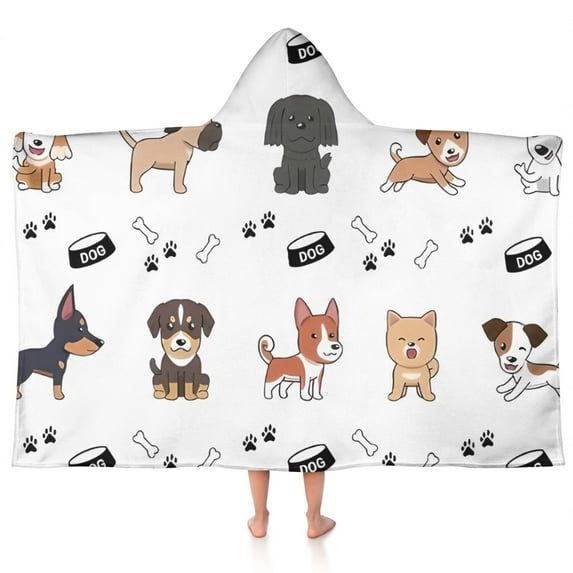 Cute Dogs Hooded Bath Towel,50"x30" for Ages 3 To 12 Kids, Quick Dry Lightweight Soft Microfiber Hood Beach Towel Cover Up for Kids