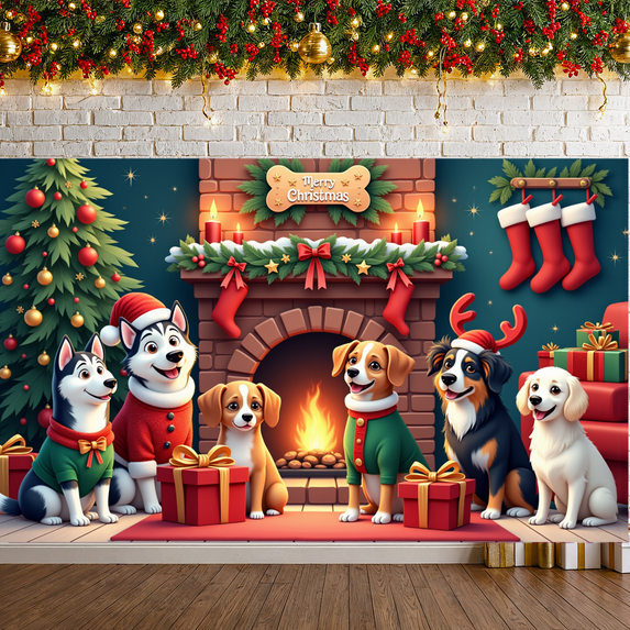 Cute Dogs Merry Christmas Banner Colorful Decorations for Holiday Celebration Indoor Party Festive Gathering
