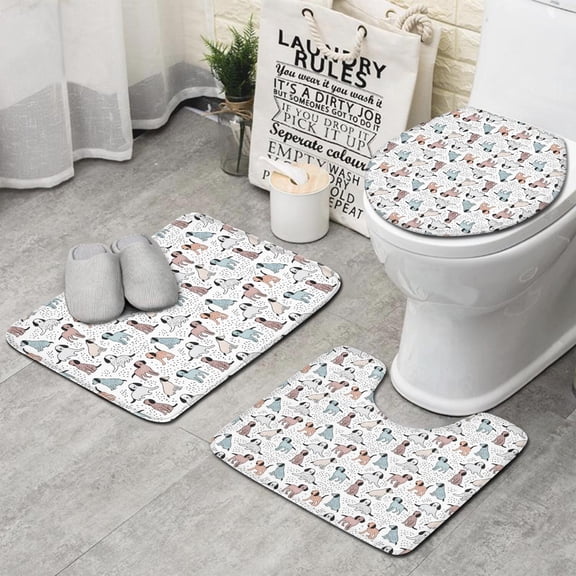 Cute Dogs Pattern Bathroom Rugs Sets 3 Piece,Toilet Cover Set,Absorbent Non Slip Bathroom Mats Sets with U-Shaped Contour Rug Toilet Rug Set