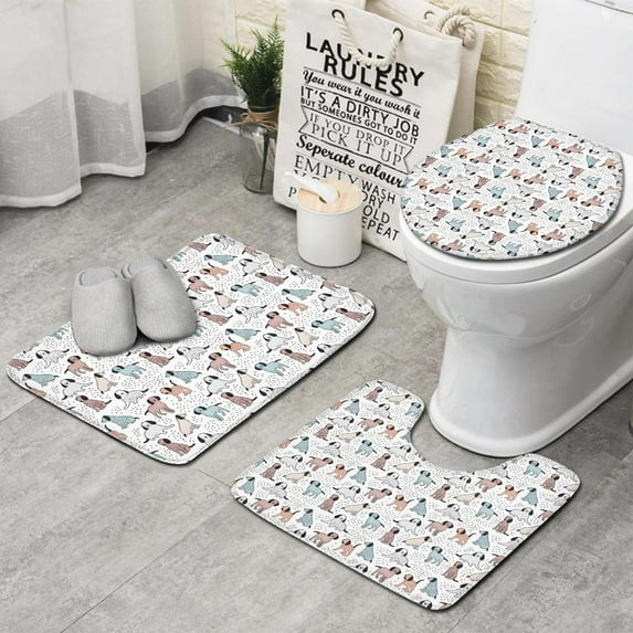 Cute Dogs Pattern Bathroom Rugs Sets 3 Piece,Toilet Cover Set,Absorbent Non Slip Bathroom Mats Sets with U-Shaped Contour Rug Toilet Rug Set
