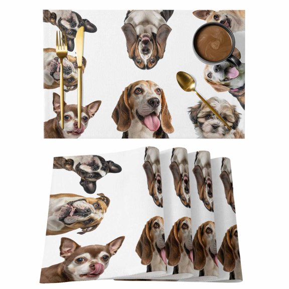 Cute Dogs Placemats Set of 4, Animals Gypsies Bulldog Cattledogs Modern Art Placemats for Dining Table, Place Mats for Kitchen Tabletop, Waterproof Wipeable Dining Table Mats Set