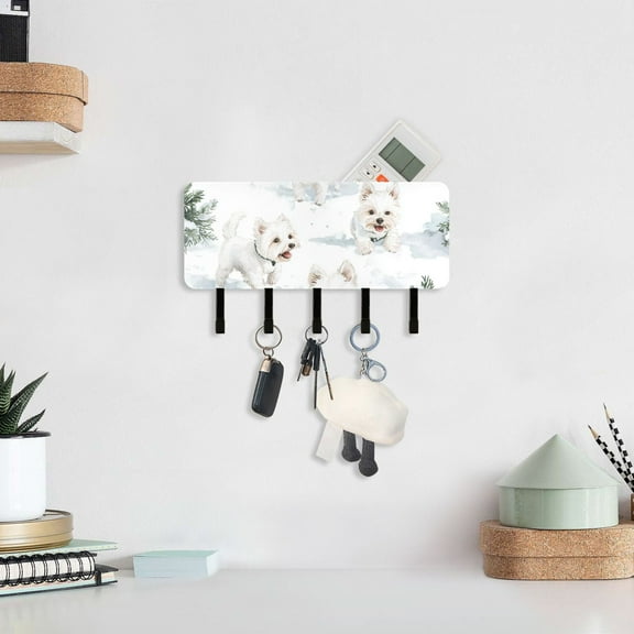 Cute Dogs Play in Snow Key Holder for Wall Mail Holder Organizer with 5 Key Hooks Wall Mount Key Rack with Shelf