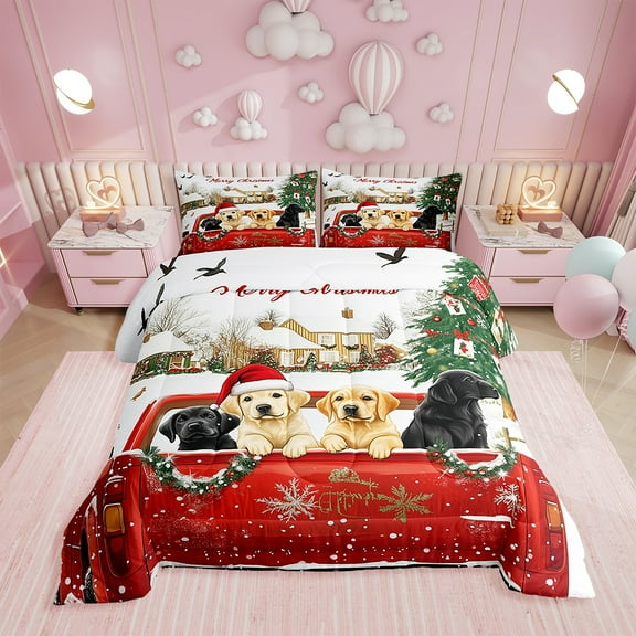 Cute Dogs Red Truck Bedding Set King Xmas Tree Snowflake Cabin Down Comeforter Christmas Snow Scenery Comeforter Set,Merry Christmas Animal Bed Set