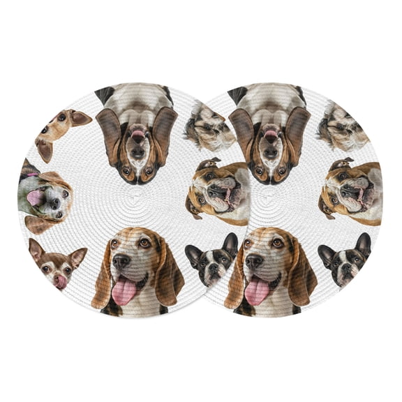 Cute Dogs Round Placemats Set of 2 Animals Gypsies Bulldog Cattledogs Modern Art Place Mats Indoor Woven Table Mats Washable Heat-Resistance Braided Dining Table Placemats for Kitchen Party 13 Inch