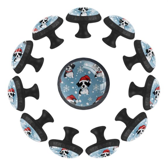 Cute Dogs in Santa Hat New Year Snowflakes 35MM Round Glass Cabinet Knobs, Kitchen Knobs for Drawer Dresser Cupboard Wardrobe Modern Pulls Handles Hardware, Set of 12
