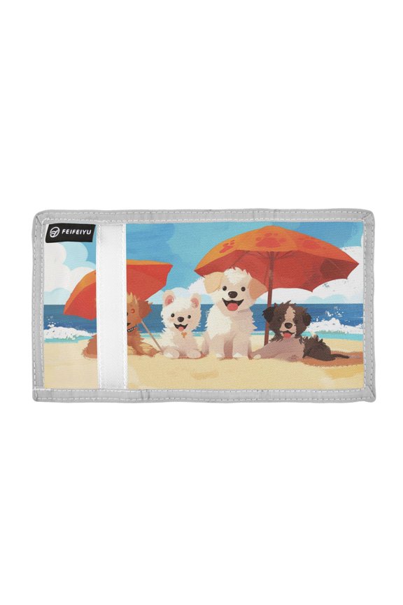 Cute Dogs Sitting on Beach Cartoon Trifold Wallets Card Holders Coin Pockets with Lanyards Portable Unisex