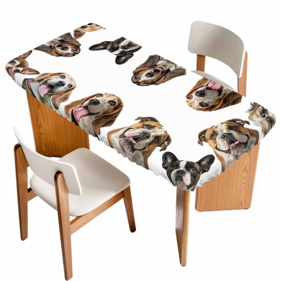 Cute Dogs Table Cloths for 3 Foot Rectangle Tables, Animals Gypsies Bulldog Cattledogs Modern Art Patio Waterproof Elastic Fitted Tablecloths, Washable Rectangular Table Cover for Camping