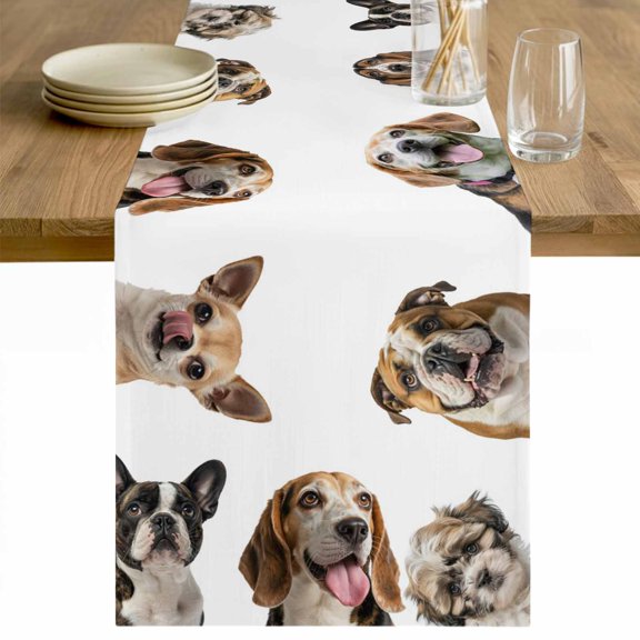 Cute Dogs Table Runner - 36 Inch Long Animals Gypsies Bulldog Cattledogs Modern Art Cotton and Linen Blended Dress Scarves Farmhouse Table Runner for Kitchen Dining, Coffee Table, 13" x 36"