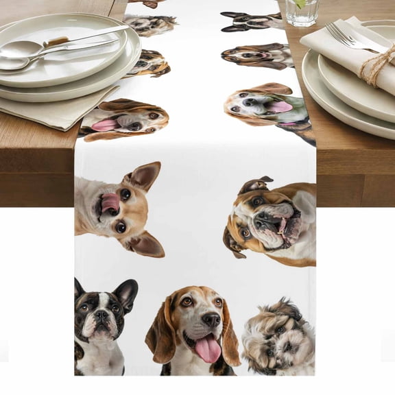 Cute Dogs Table Runner - 36 Inch Long, Kitchen Dining Table Runner Dresser Scarves, Animals Gypsies Bulldog Cattledogs Modern Art Farmhouse Decor for Coffee Tables Wedding Party Banquet