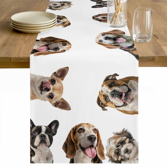 Cute Dogs Table Runner - 70 Inch Long Animals Gypsies Bulldog Cattledogs Modern Art Cotton and Linen Blended Dress Scarves Farmhouse Table Runner for Kitchen Dining, Coffee Table, 13" x 70"