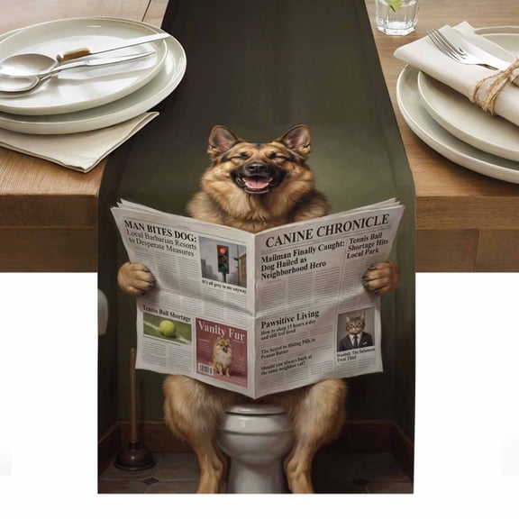 Cute Dogs Table Runner Funny Puppy Reading Newspaper Toilet Tablerunners 13 x 48 Inch, Table Decorations Tabletop Scarf for Summer Gathering Holiday Farmhouse Kitchen Dining Decor