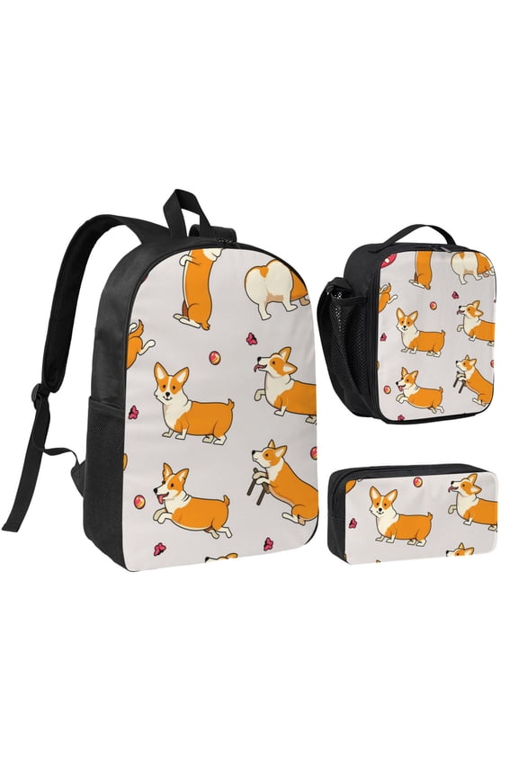 Cute Dogs Welsh Corgi 17-inch Laptop Backpack 3-Piece Set with Insulated Lunch Bag and Accessory Pouch, Rucksack for Teens Adults