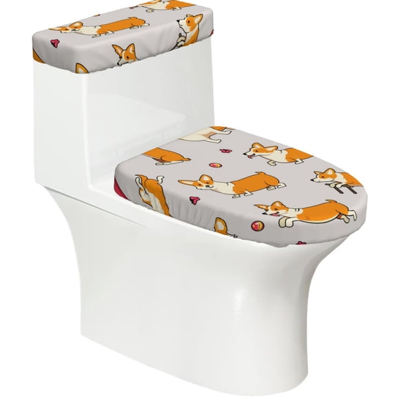 Cute Dogs Welsh Corgi 2-Piece Elastic Toilet Lid and Tank Cover Set Soft Universal Fit Bathroom Decor Protector