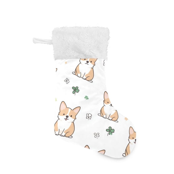 Cute Dogs and Clover Patterns Christmas Stockings Large Capacity 18 inch Gift Bag with Hook Xmas Holiday Decor 1 Pack