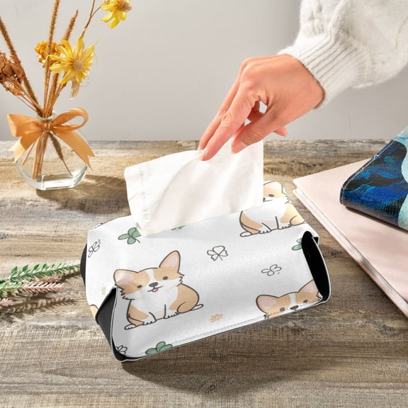 Cute Dogs and Clover Patterns Leather Tissue Box Cover Rectangle Tissue Holder Foldable