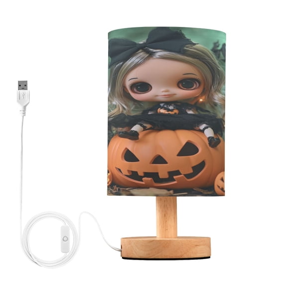 Cute Doll and Pumpkin Small Lamp Printed Gifts Table Lamp USB Bedside Desk Nightstand Lamp Wood Base for Bedroom Living Room Office Desk College Dorm