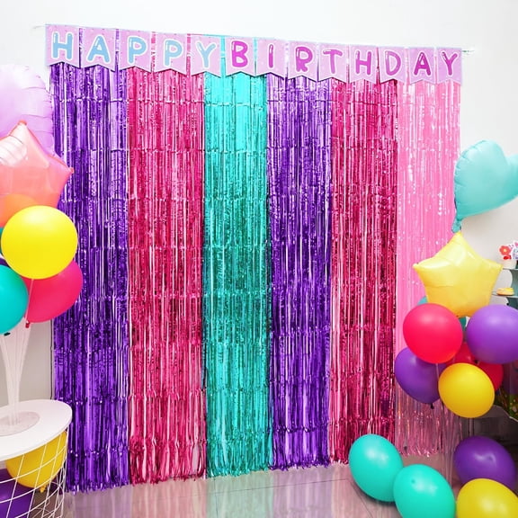 Cute Dollhouse Birthday Decorations, 2 Pack Dollhouse Party Photo Booth Prop, Purple Pink Teal Fringe Curtains Tinsel Photo Streamers Backdrop for Cat Doll House Party Supplies