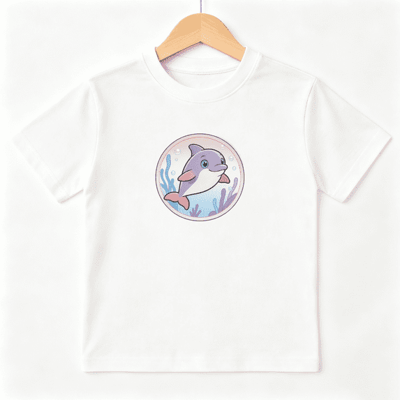 Cute Dolphin Girls Graphic Tee, Funny Cartoon Sea Animal Ocean 100% Cotton Kids Short Sleeve T-Shirt