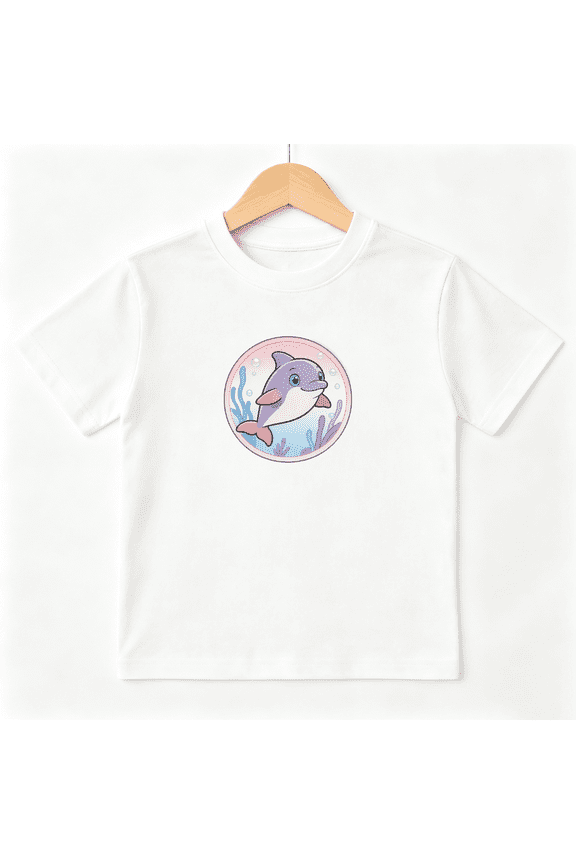 Cute Dolphin Girls Graphic Tee, Funny Cartoon Sea Animal Ocean 100% Cotton Kids Short Sleeve T-Shirt