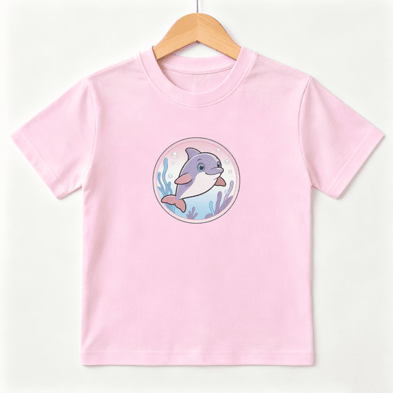 Cute Dolphin Girls Graphic Tee, Funny Cartoon Sea Animal Ocean 100% Cotton Kids Short Sleeve T-Shirt