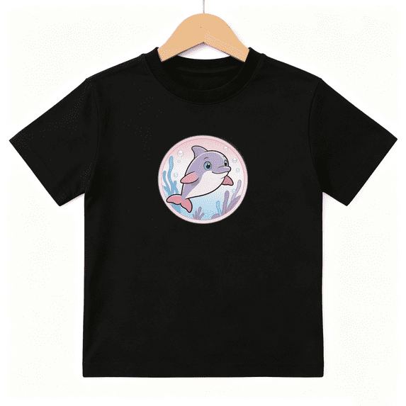 Cute Dolphin Girls Graphic Tee, Funny Cartoon Sea Animal Ocean 100% Cotton Kids Short Sleeve T-Shirt