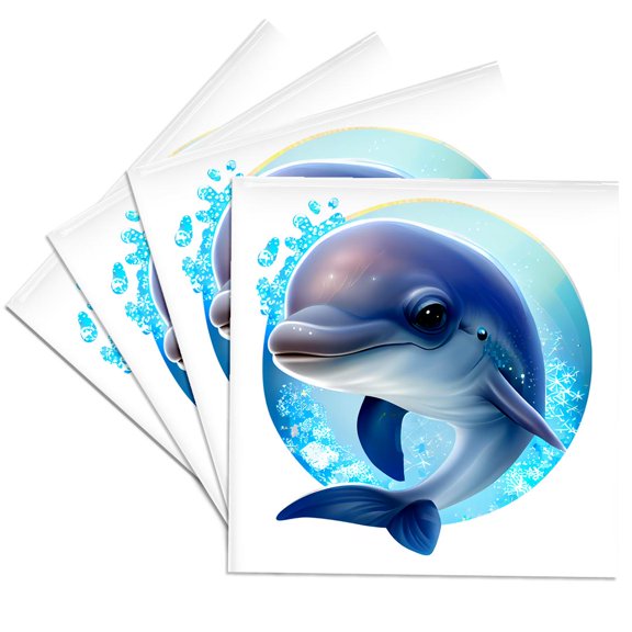 3drose, Cute Dolphin in a Circle of Water Illustration, Set of 4 Ceramic Tile Coasters