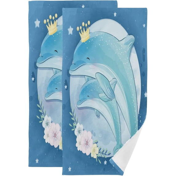 Cute Dolphin Mothers Day Hand Towels 2 PCS, I Love You Mom Kitchen Towel Ultra Soft and Highly Absorbent,Decorative Fingertip Face Towel for Bathroom Hotel, 28.3"x14.4"