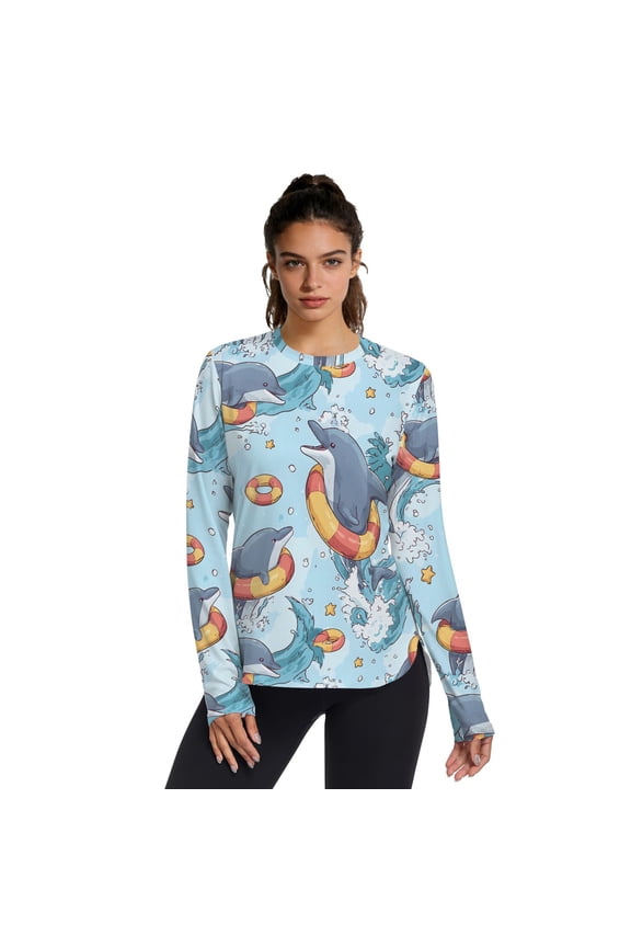 Cute Dolphin Pattern Women's Activewear UPF 50+ Sun Protection Shirt Cooling Quick Dry Thumb Hole Top