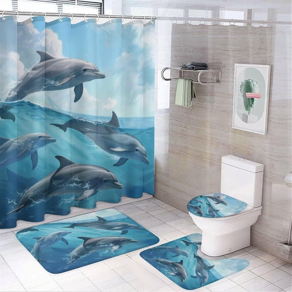 Cute Dolphin Shower Curtain Set 4 PCS, Beautiful Ocean Landscape Vintage Sunset Bathroom Sets with Shower Curtain and Rugs, Toilet Lid Cover and Bath Mat, Waterproof Shower Curtain with 12 Hooks