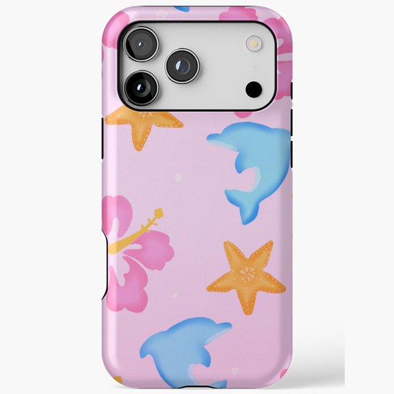 Cute Dolphin Starfish Hibiscus for iPhone Case 11 through 17 Pro Max Pink