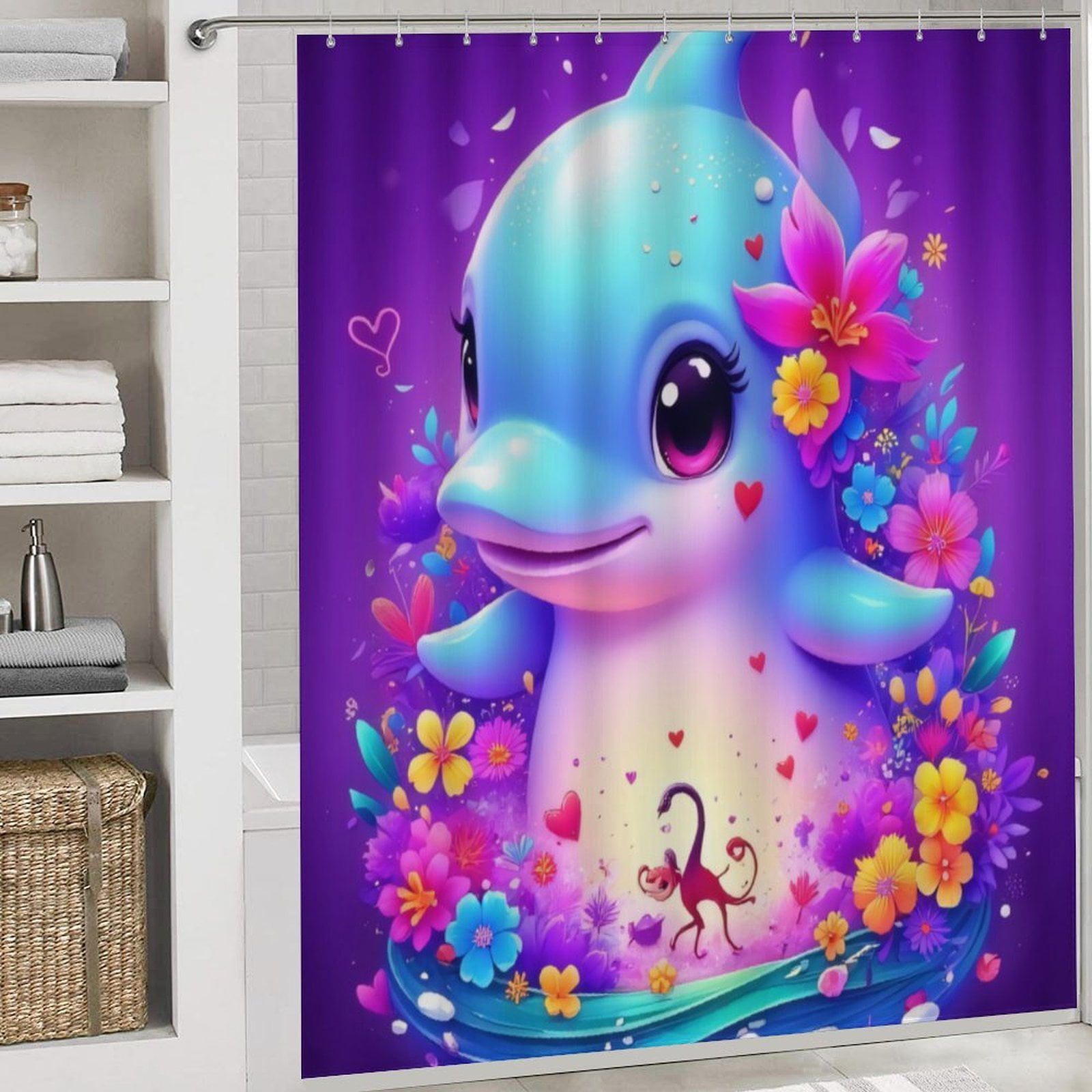 Cute Dolphin with Flowers And Hearts Shower Curtain Bathroom Curtains Cute Dolphin with Flowers And Hearts Shower Curtain Bathroom Curtains
