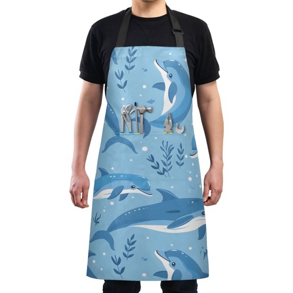 Cute Dolphins and Seaweed Kitchen Apron with 2 Pockets Adjustable waterproof Cooking Aprons for Women Men Chef
