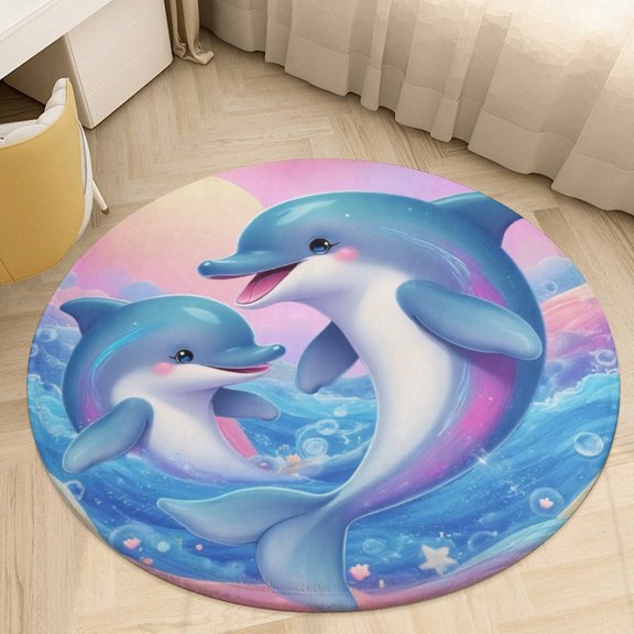 Cute Dolphins in Fantasy Ocean Round Area Rugs for Bedroom Living Room, 3FT Soft Indoor Circle Carpets, Carpet Home Decor Floor Mat