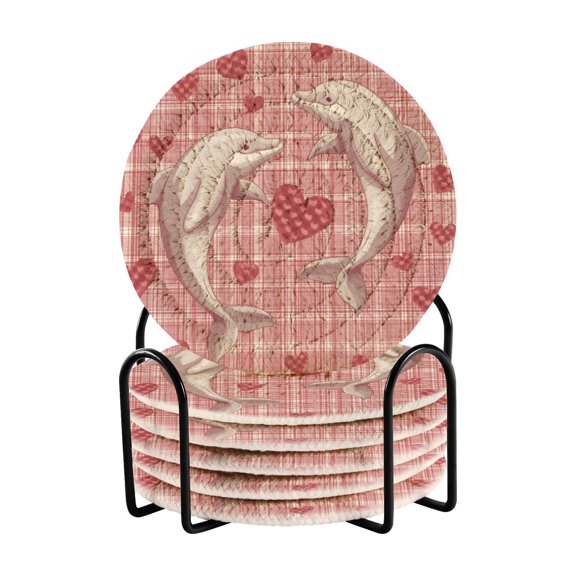 Cute Dolphins in Love Plaids Valentine Drinking Coasters Cup Mat with Holder for Kitchen Cafe Bar 6 Packs