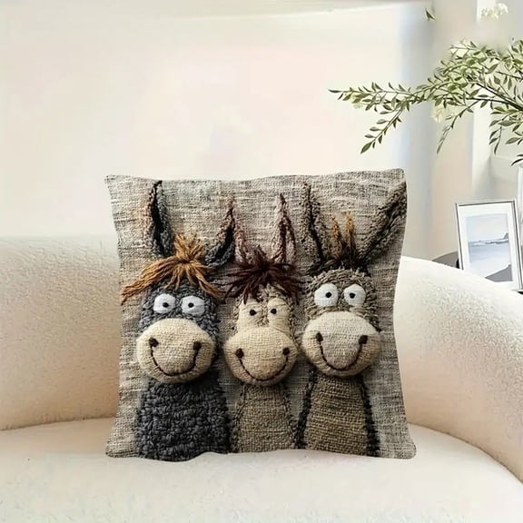 Cute Donkey Throw Pillow Covers 17.72x17.72in, Soft Aesthetic Embroidery Decorative Pillow Cases with Zipper, Farmhouse Decor for Couch Sofa Living Room Porch
