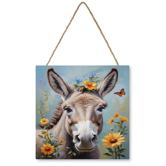 Cute Donkey Wooden Hanging Sign - Rustic Flower Decor for Living Rooms, Offices, and Farmhouse Style, 12"x12"