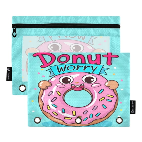 Cute Donut 2 Pack Pencil Pouch for 3 Ring Binder Smooth Zipper Folders with Pockets Clear Window Pencil Case