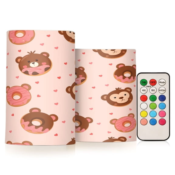 Cute Donut Pattern Flameless LED Candle Set with Remote, Battery Operated Color Changing Pillar Candles, Set of 2