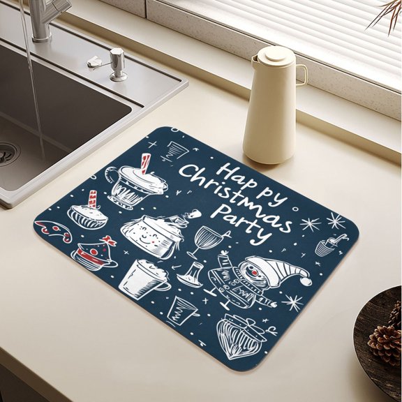 Cute Doodle Christmas Party Drying Mat Diatomaceous Earth Super Absorbent Non-slip Rubber Sole Heat Resistant 230 Degrees Fahrenheit 19.715.7in