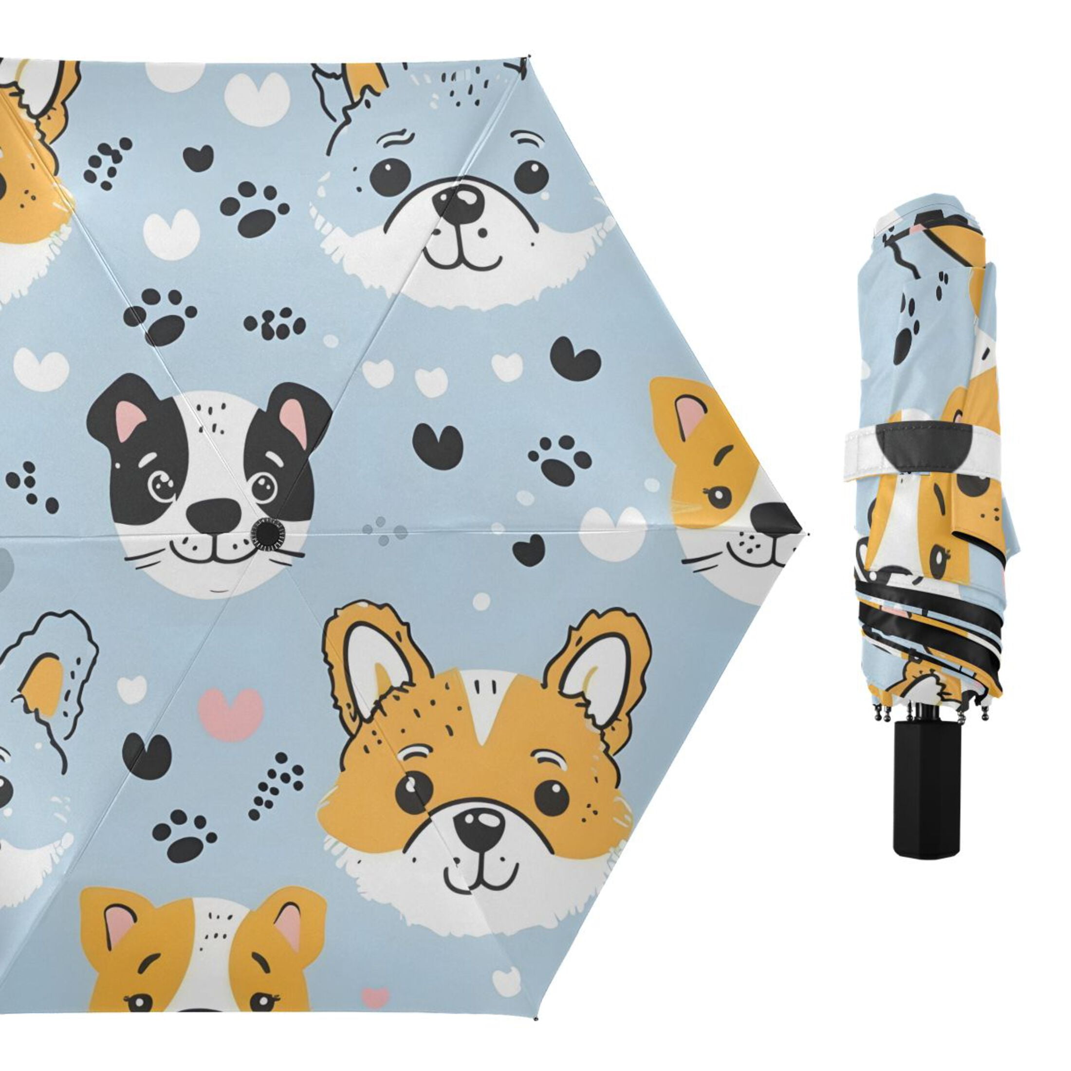 Cute Doodle Dogs Paw Prints Hearts All Weather Umbrella Triple Folding Parasol 6 Ribs UV Protection Portable