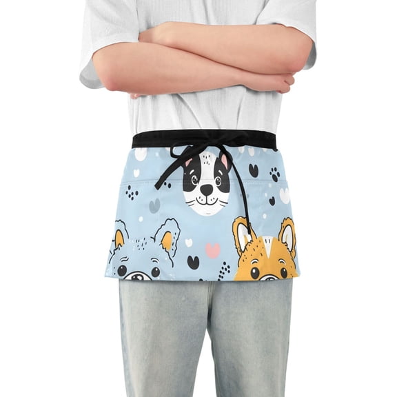 Cute Doodle Dogs Paw Prints Hearts Short Server Apron with 3 Pockets for Unisex Chef Gardening