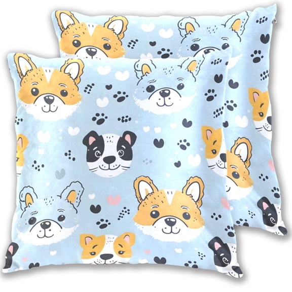 Cute Doodle Dogs Paw Prints Hearts Throw Pillow Covers Pillowcases 16 x 16 Inch Home Decor 2 Packs for Bedroom Sofa