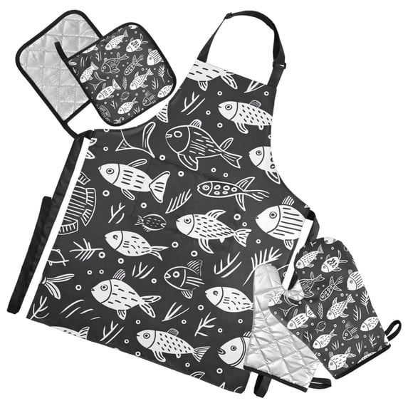 Cute Doodle Fishes 5 Pcs Kitchen Set Heat Resistant Oven Mitts and Non-Slip Pot Holders with Adjustable Cooking Apron
