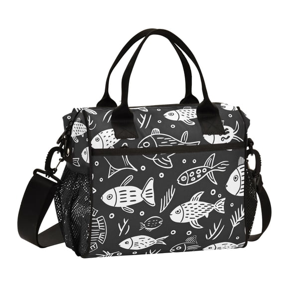 Cute Doodle Fishes Lunch Bag Insulated Lunch Box Leakproof Reusable Cooler Tote Adjustable Shoulder Strap for Men Women 9L