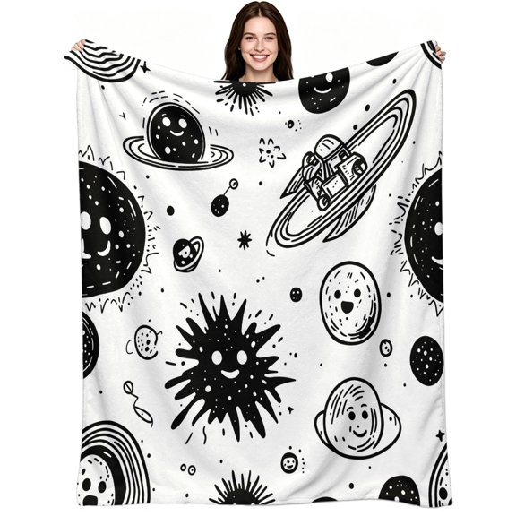 Cute Doodle Outer Space Smiling Planet, Soft Warm Flannel Fleece, Kawaii Cartoon Celestial, Throw Blanket, Cozy Warm, Home Decor, Couch Sofa Bed Living Room