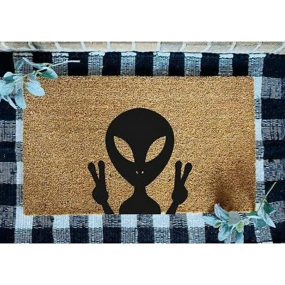 Cute Doormat Outdoor Entrance Alien Welcome Door Mat Alien Peace Welcome Rug Sci-Fi Home Decor Aliens Welcome Rug Space Decor Peace Welcome Rug Funny Alien Doormat Mat Cute Rugs Indoor 17x30 inch