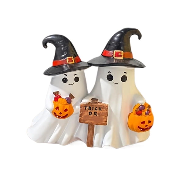 Cute Double Ghost Figurine With Witch Hat, Mini Halloween Trick Or Treat Resin Spooky Ghost Statue for Bookshelf Bedroom Home Office Tabletop Mantel, Indoor Halloween Decorations
